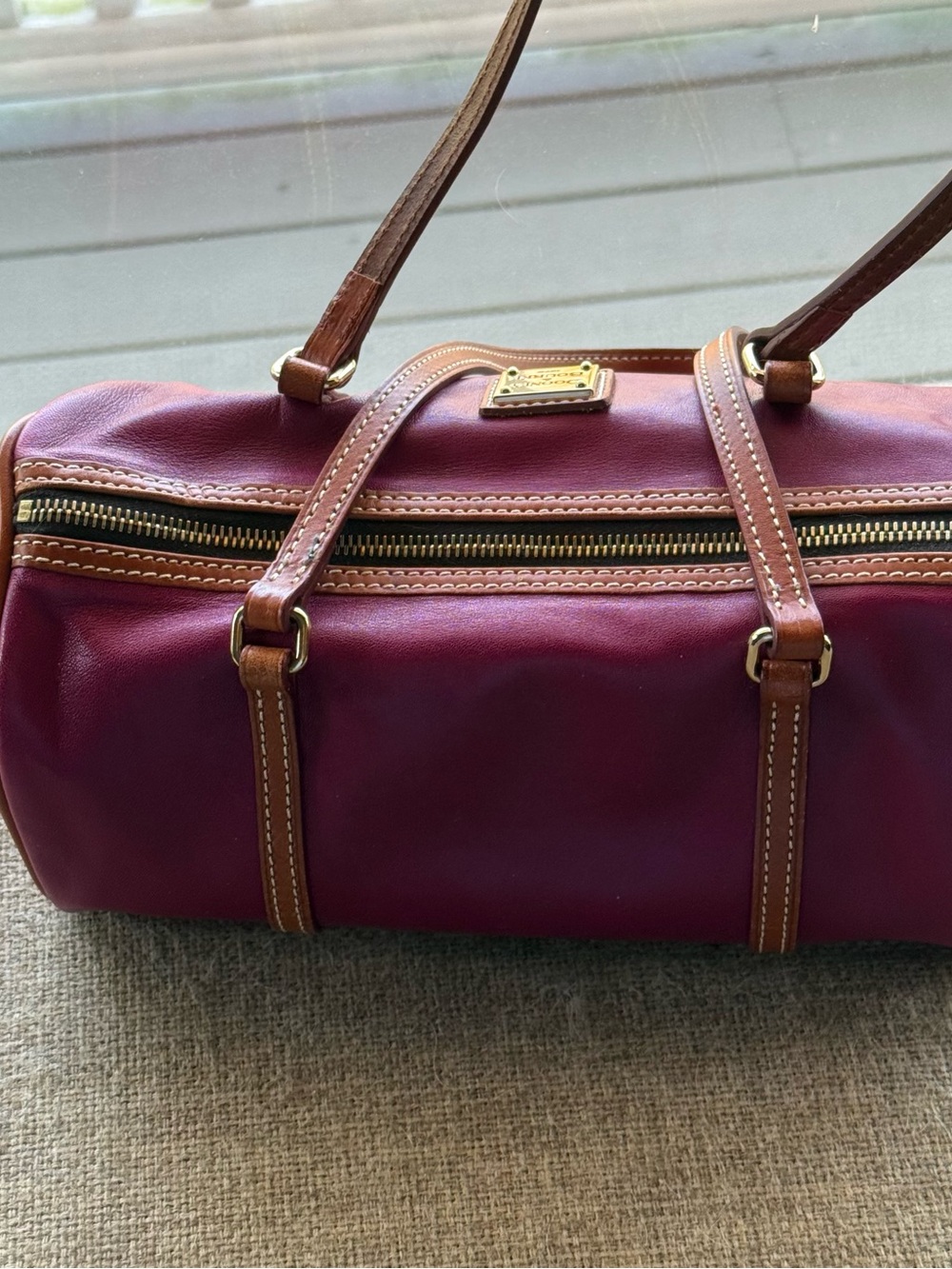 Dooney & Bourke Plum Leather Barrel Satchel with Brown Trim - Picture 3 of 8